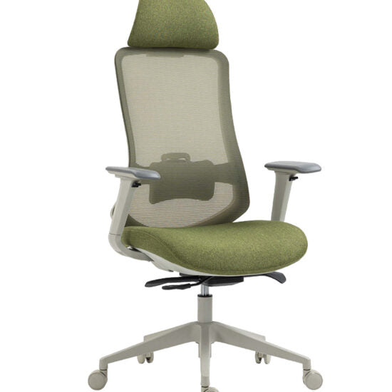 Silla ejecutiva AC-30 verde con cabecera, vista tres cuartos