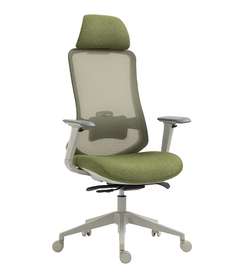 Silla ejecutiva AC-30 verde con cabecera, vista tres cuartos