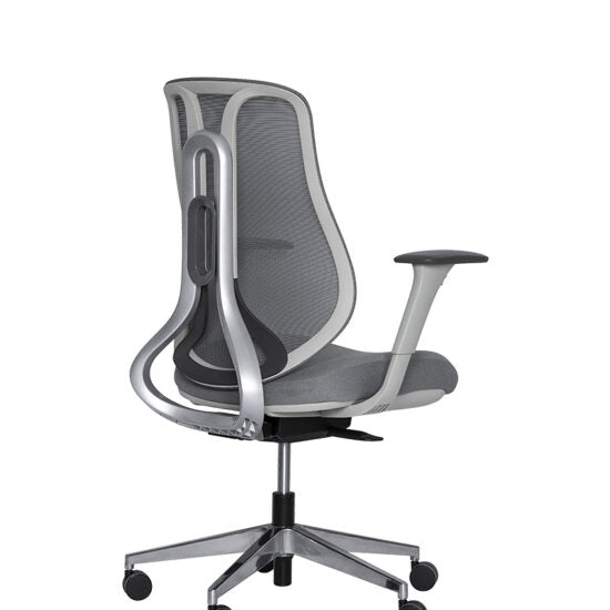 Silla semiejecutiva AC-40S gris con respaldo de malla, vista tres cuartos trasera