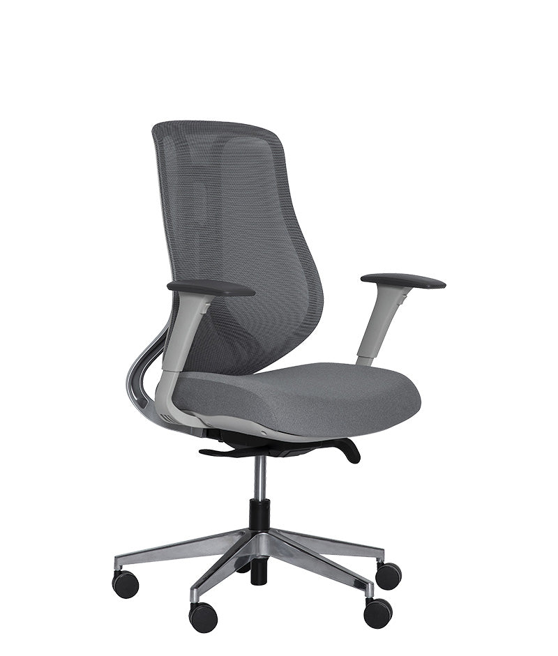 Silla semiejecutiva AC-40S gris con respaldo de malla, vista tres cuartos