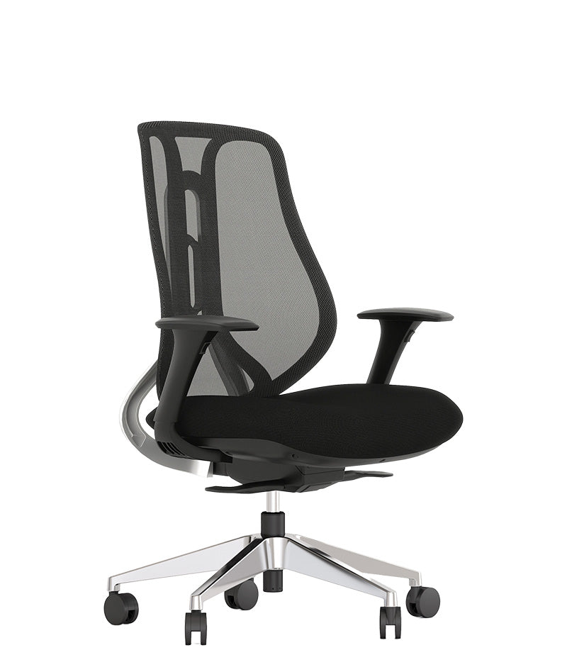 Silla semiejecutiva AC-40S negra con respaldo de malla, vista tres cuartos