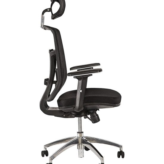 Silla ejecutiva DIN-E con respaldo de malla y cabecera, vista lateral