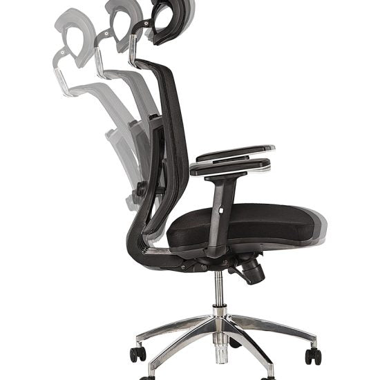 Silla ejecutiva DIN-E con respaldo de malla y cabecera, movimientos y ajustes