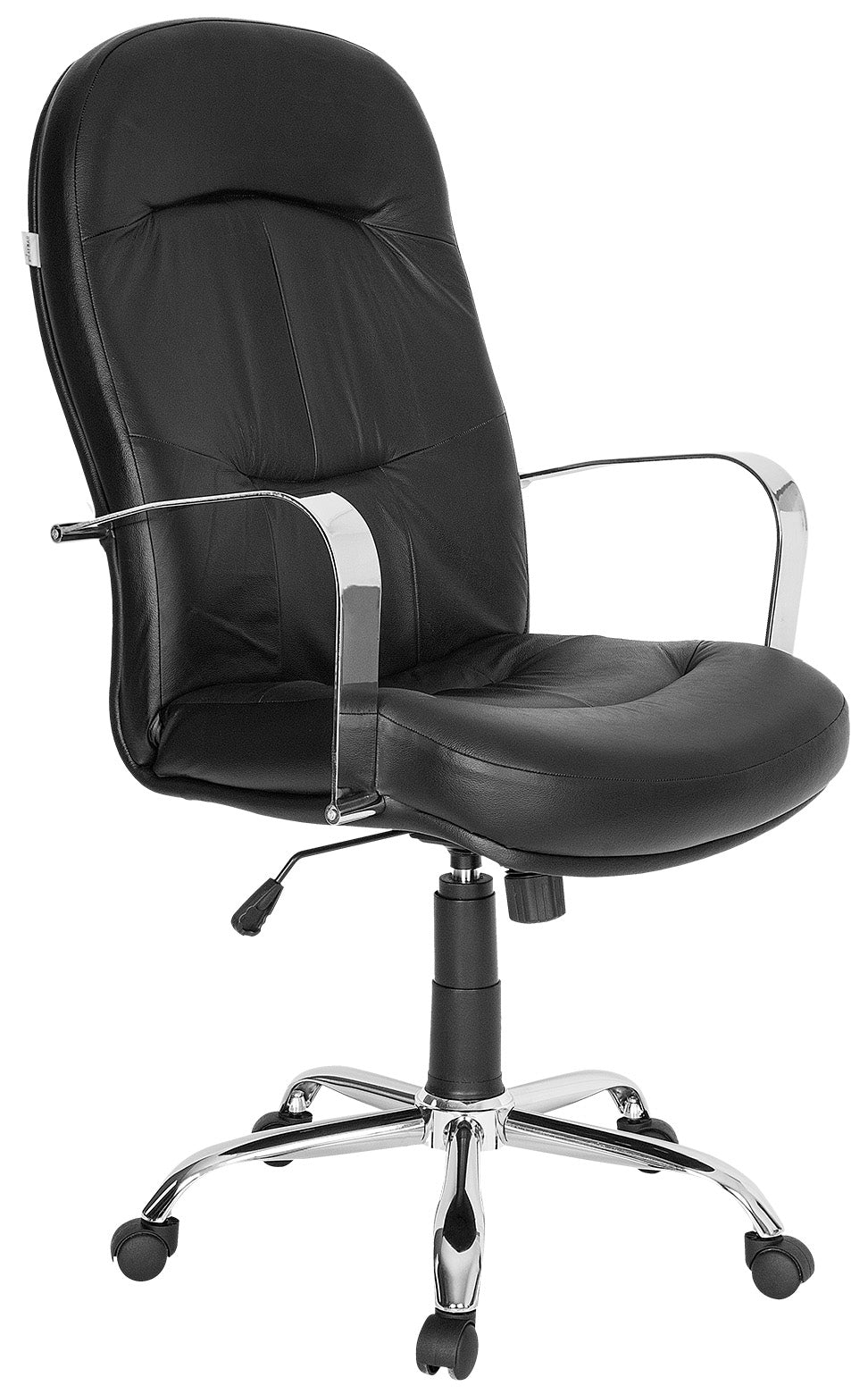 Silla ejecutiva E-100 en piel con base cromada, vista tres cuartos