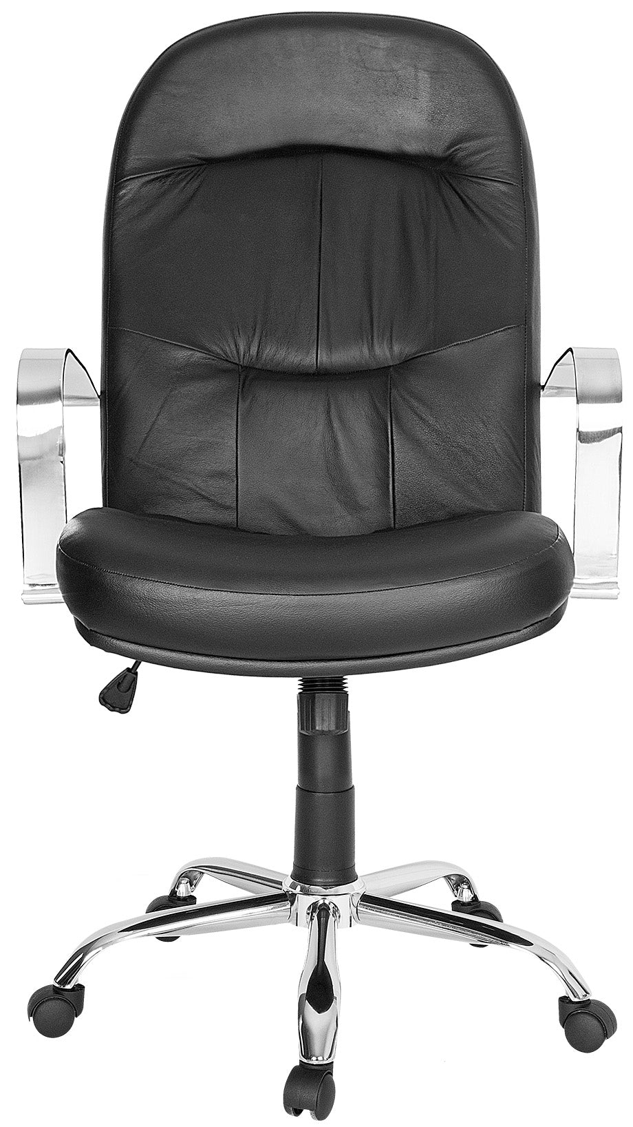 Silla ejecutiva E-100 en piel con base cromada, vista frontal