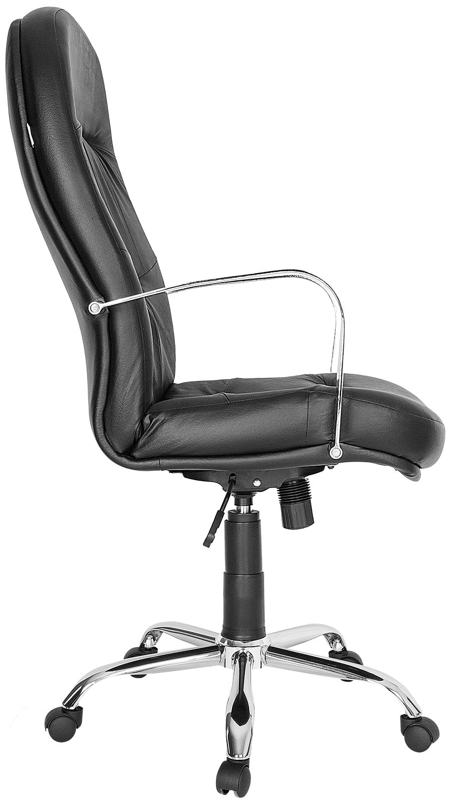 Silla ejecutiva E-100 en piel con base cromada, vista lateral