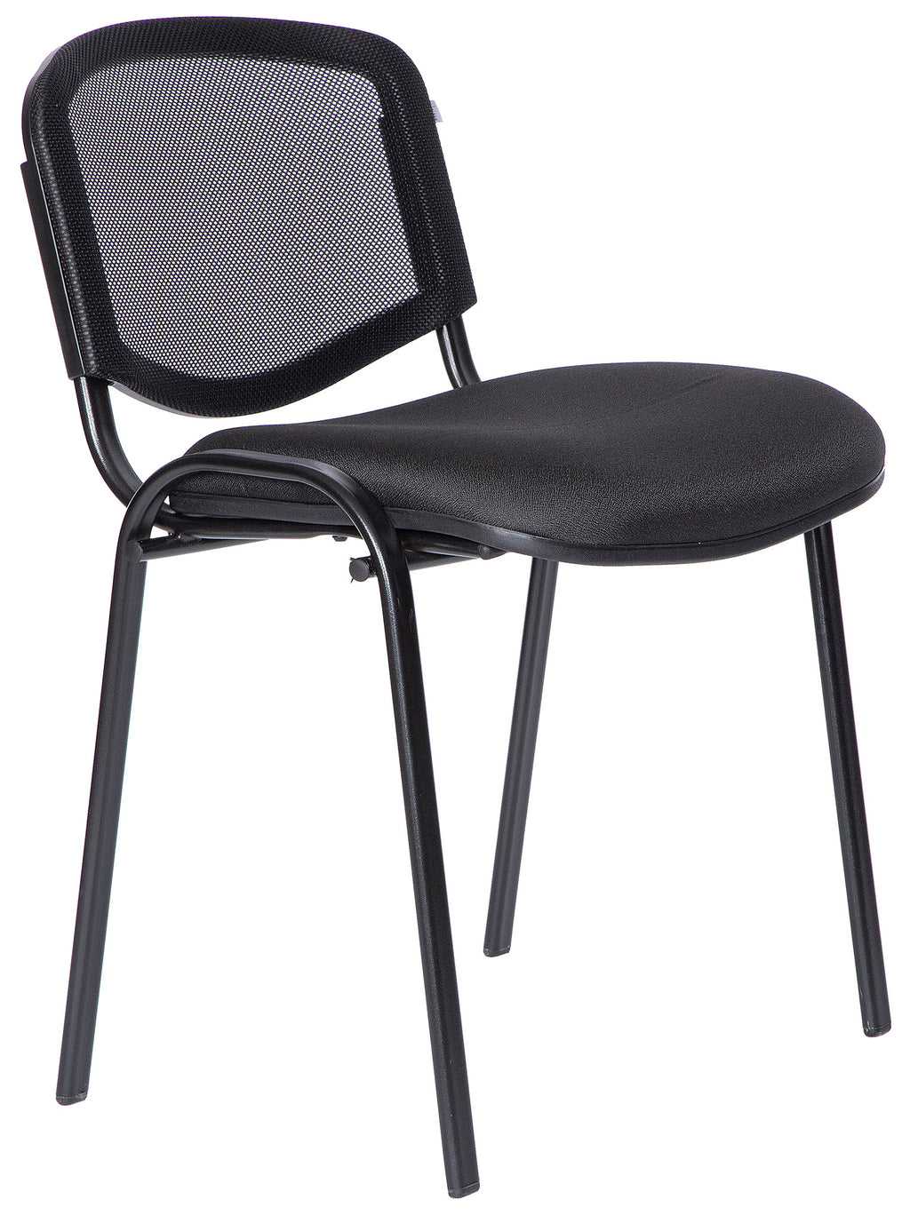 Silla visitante M-120 con respaldo de malla y patas tubulares, vista tres cuartos