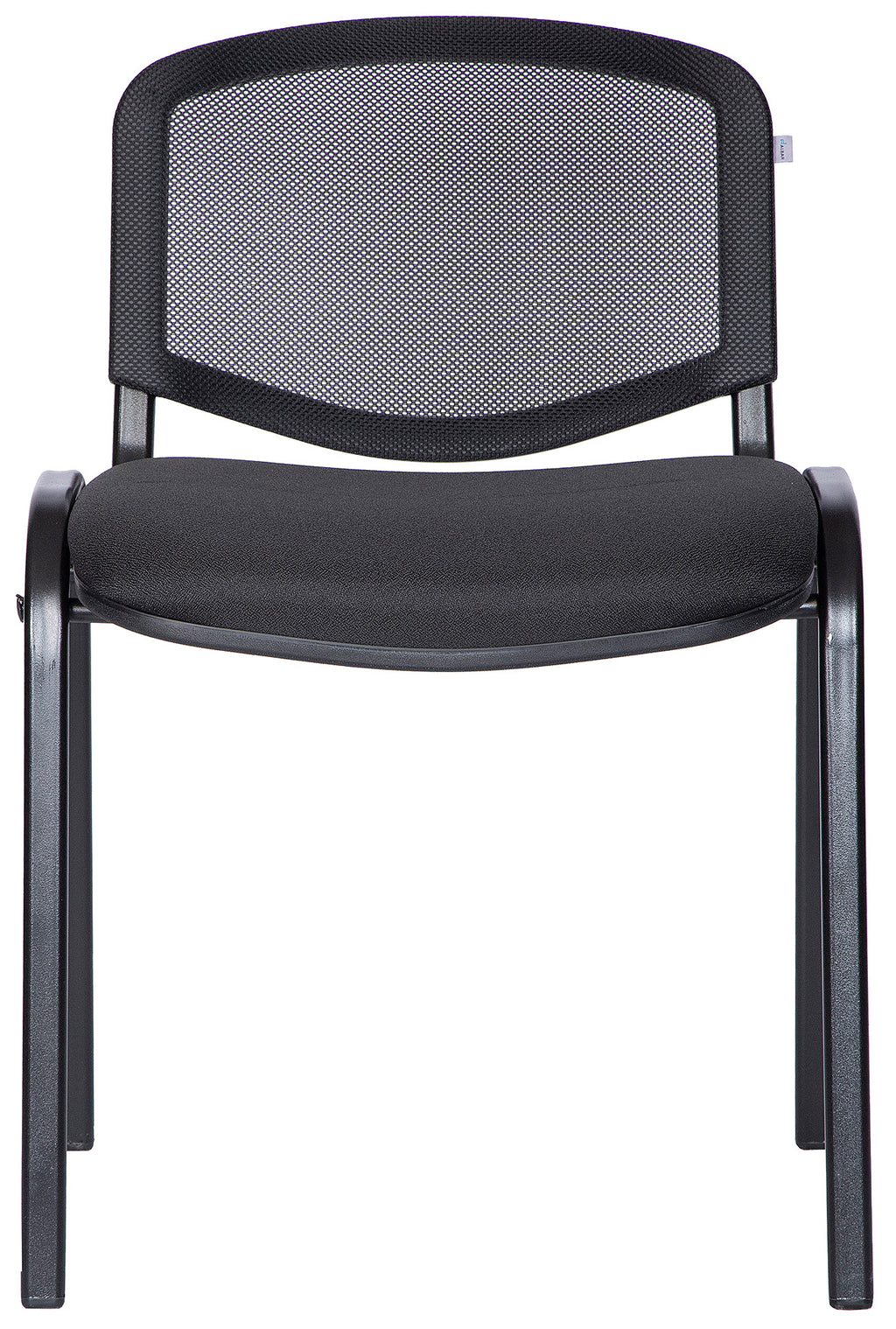 Silla visitante M-120 con respaldo de malla y patas tubulares, vista frontal