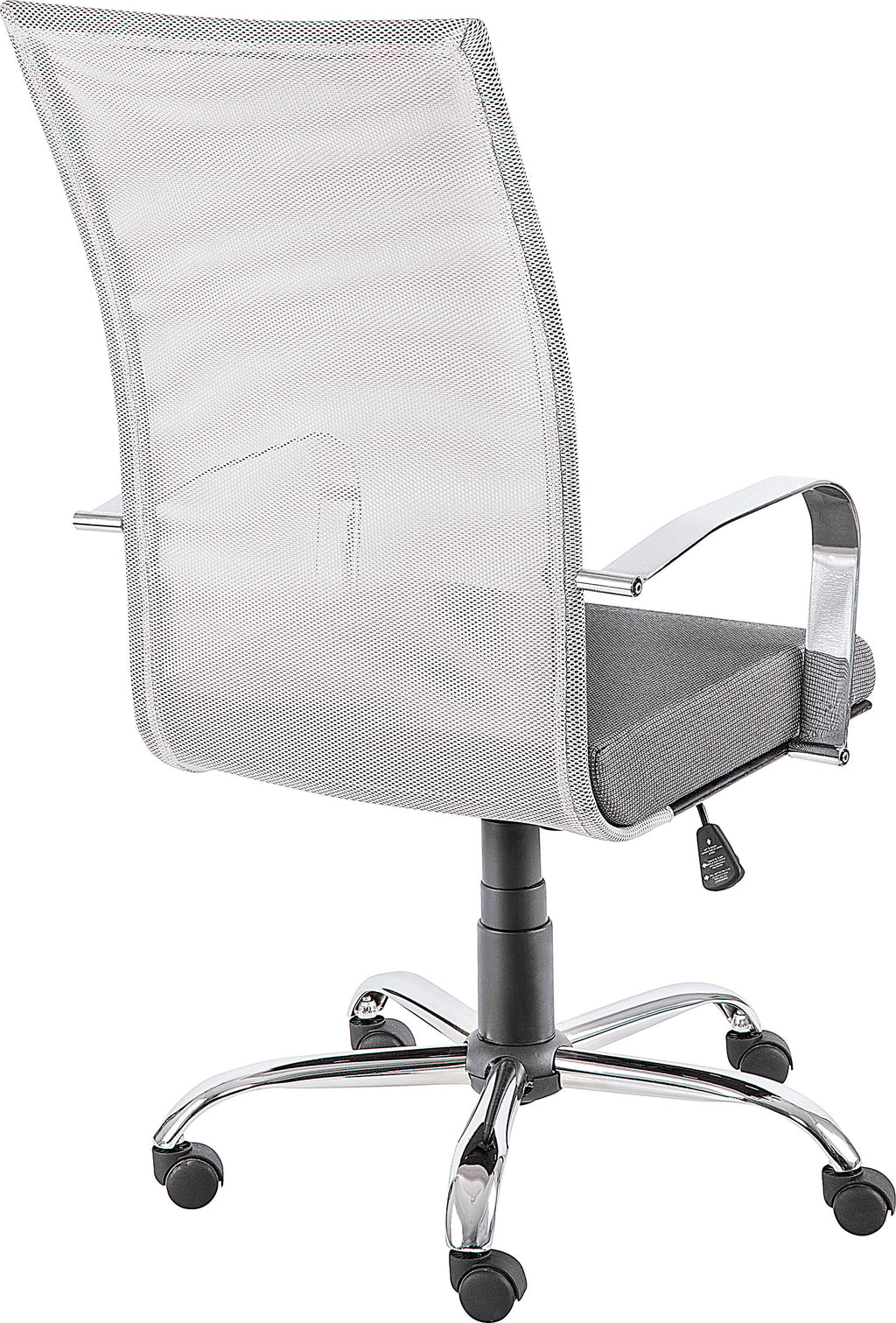Silla ejecutiva M-150 con respaldo alto de malla y base cromada, vista trasera