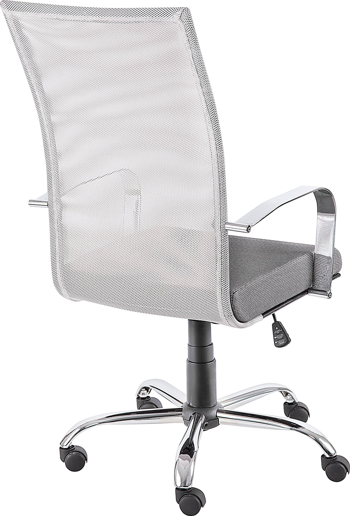 Silla ejecutiva M-150 con respaldo alto de malla y base cromada, vista trasera