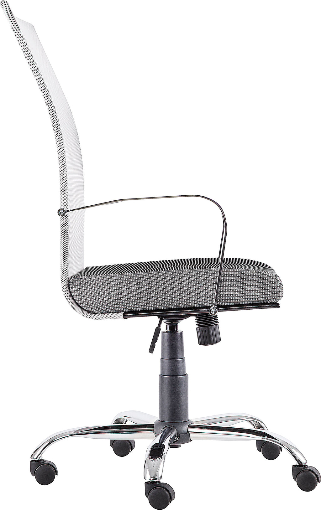 Silla ejecutiva M-150 con respaldo alto de malla y base cromada, vista lateral