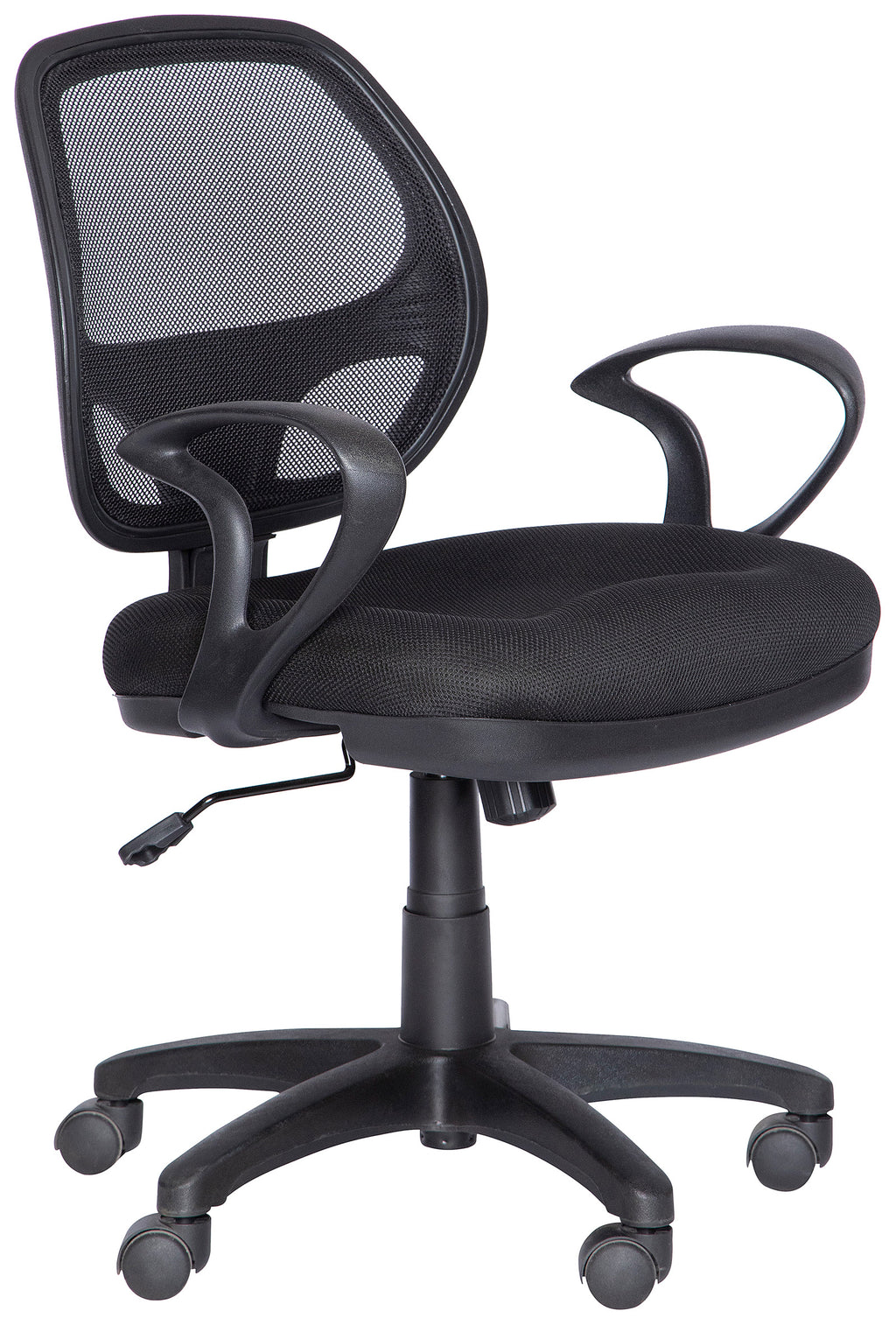 Silla operativa M-50 con respaldo de malla y brazos, vista tres cuartos