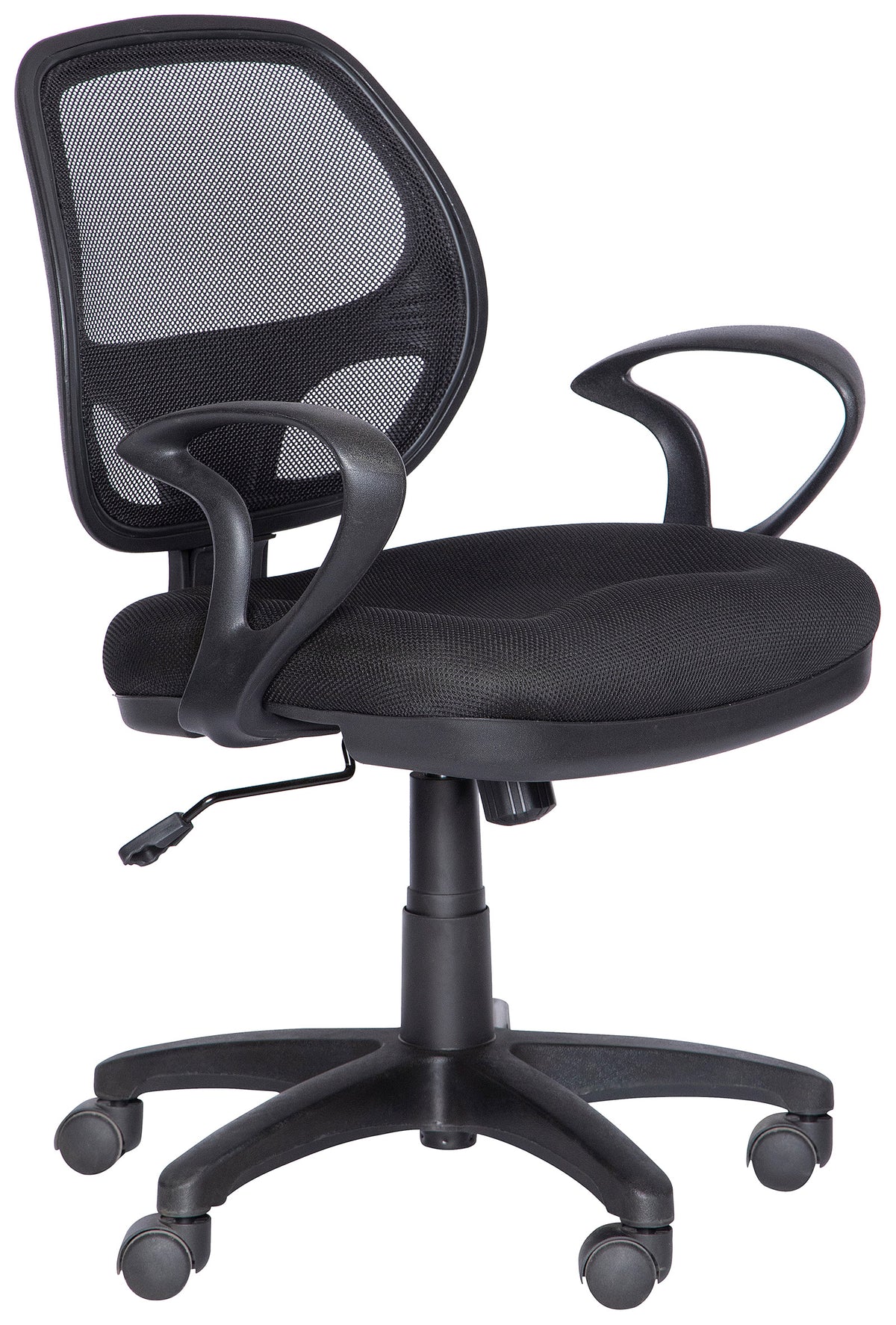 Silla operativa M-50 con respaldo de malla y brazos, vista tres cuartos