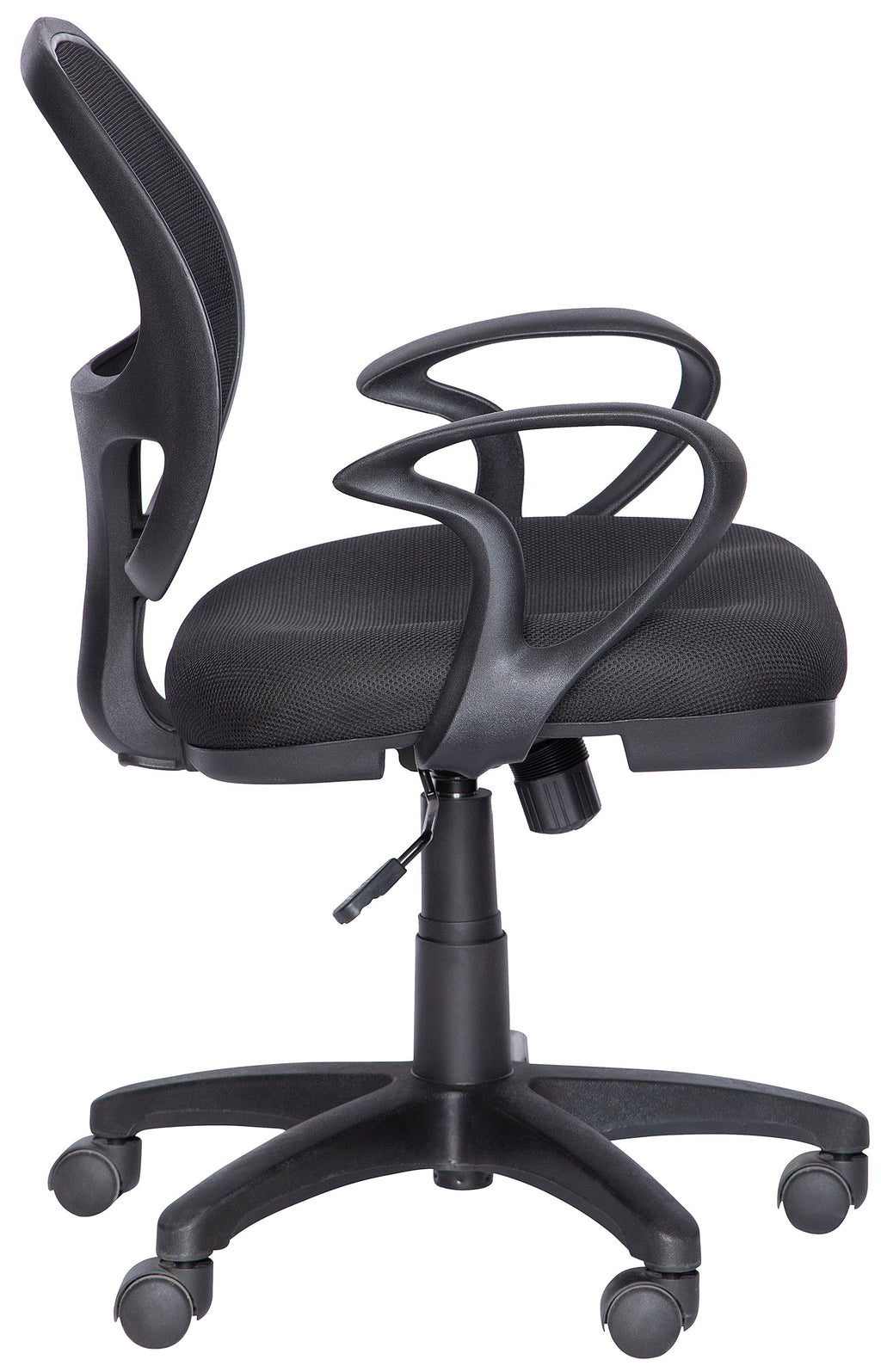 Silla operativa M-50 con respaldo de malla y brazos, vista lateral