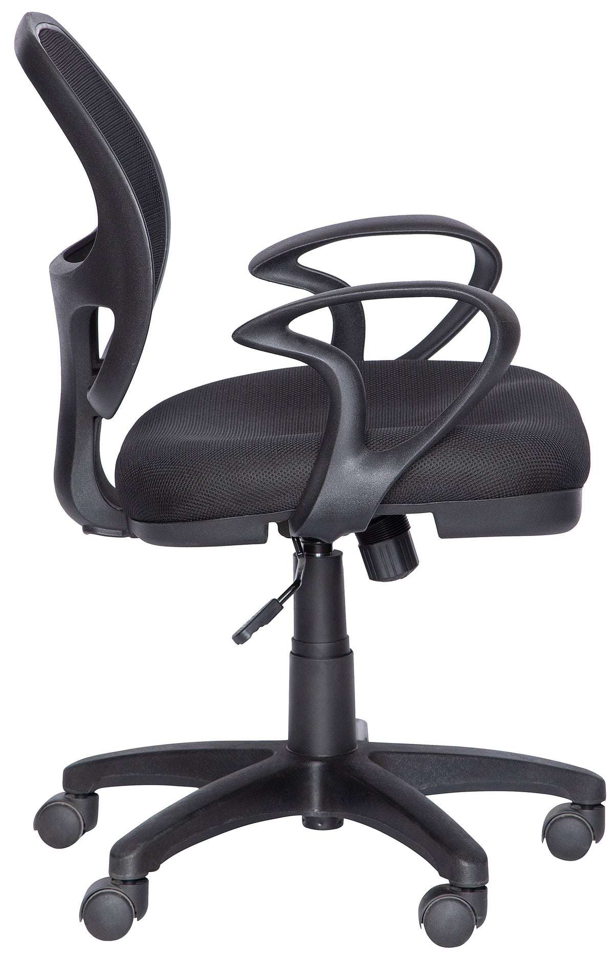 Silla operativa M-50 con respaldo de malla y brazos, vista lateral