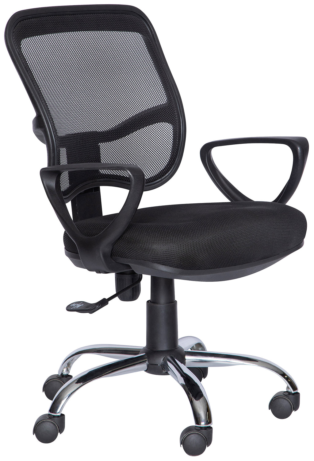 Silla operativa M-60E con respaldo de malla, brazos y base cromada, vista tres cuartos
