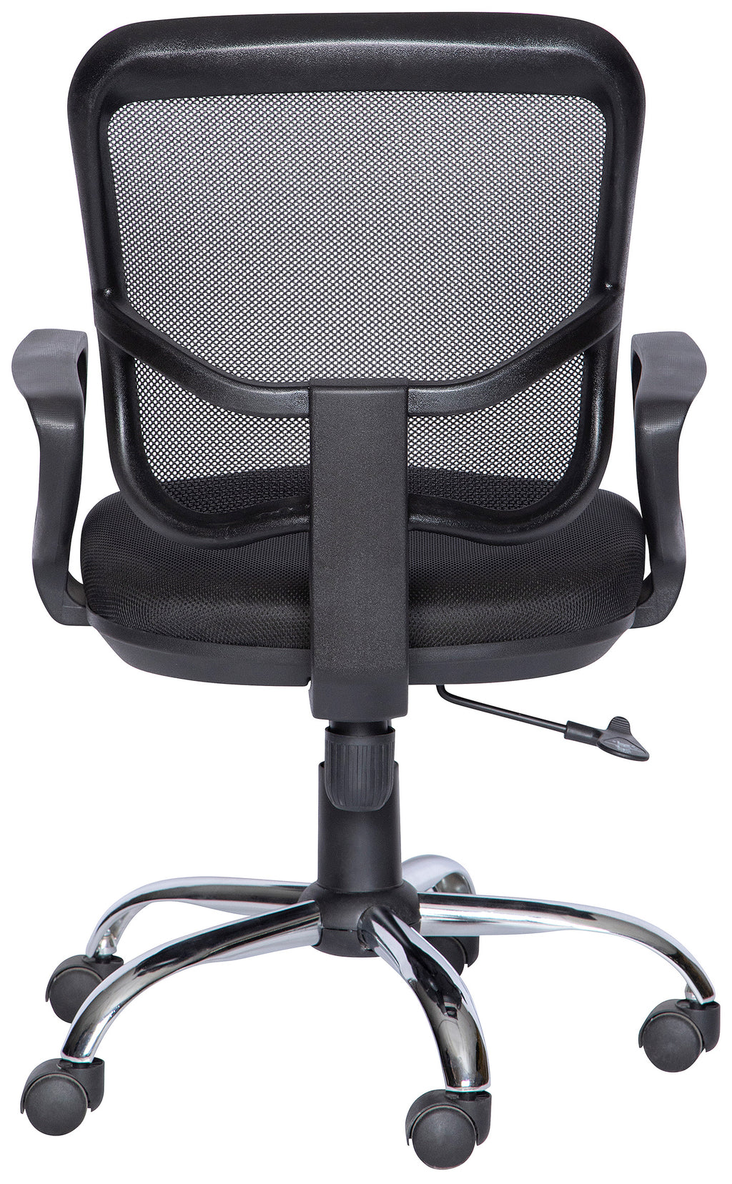 Silla operativa M-60E con respaldo de malla, brazos y base cromada, vista trasera