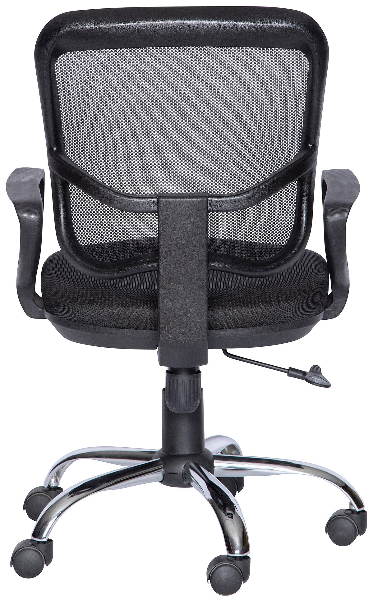 Silla operativa M-60E con respaldo de malla, brazos y base cromada, vista trasera