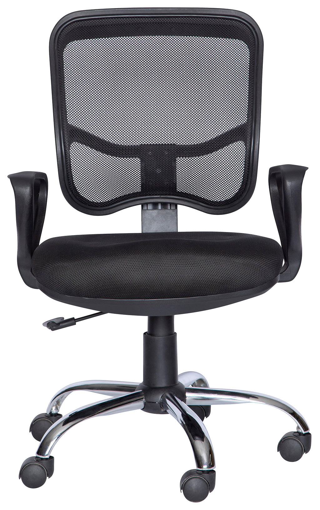 Silla operativa M-60E con respaldo de malla, brazos y base cromada, vista frontal