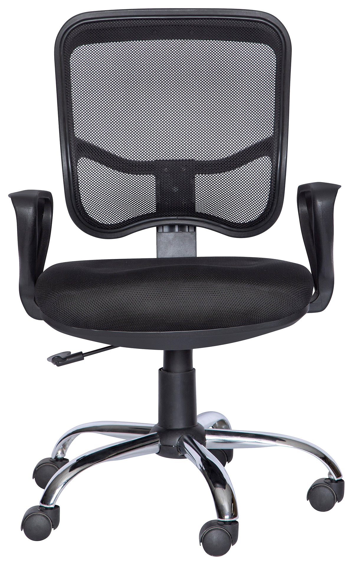 Silla operativa M-60E con respaldo de malla, brazos y base cromada, vista frontal
