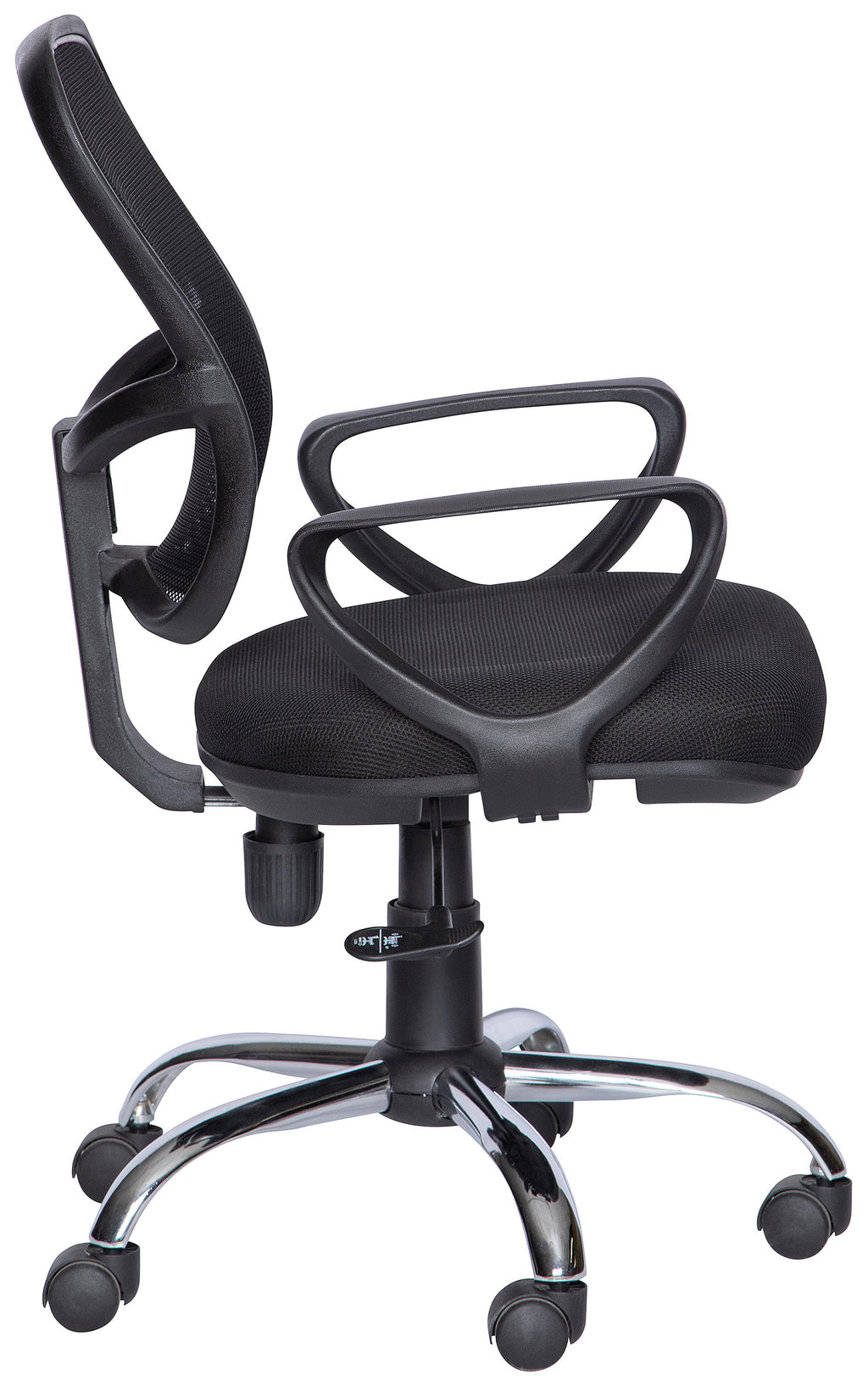 Silla operativa M-60E con respaldo de malla, brazos y base cromada, vista lateral