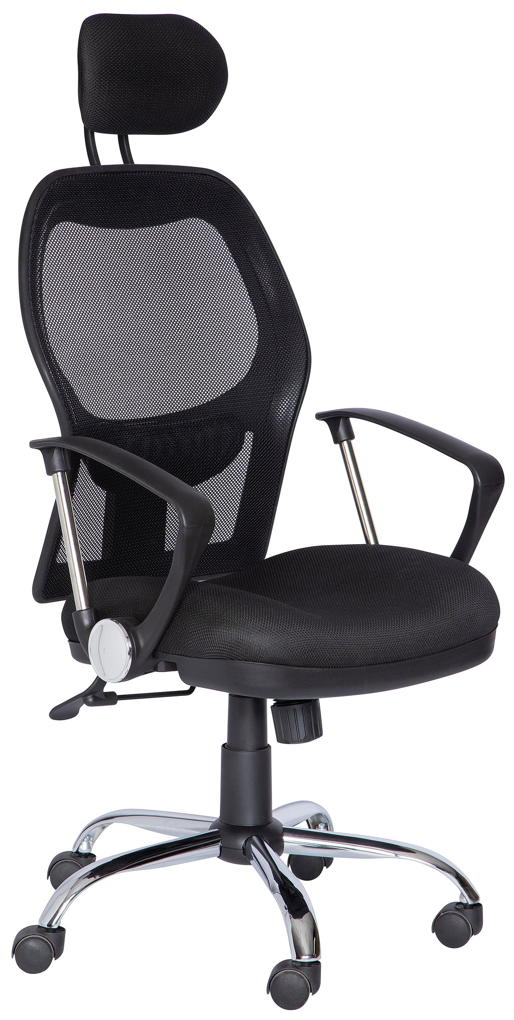 Silla ejecutiva M-75 con respaldo de malla, cabecera y base cromada, vista tres cuartos