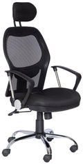 Silla ejecutiva M-75 con respaldo de malla, cabecera y base cromada, vista tres cuartos
