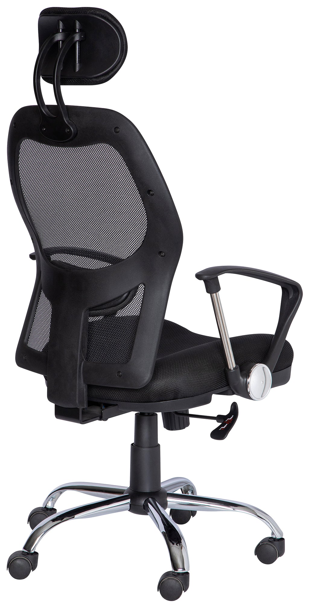 Silla ejecutiva M-75 con respaldo de malla, cabecera y base cromada, vista tres cuartos trasera
