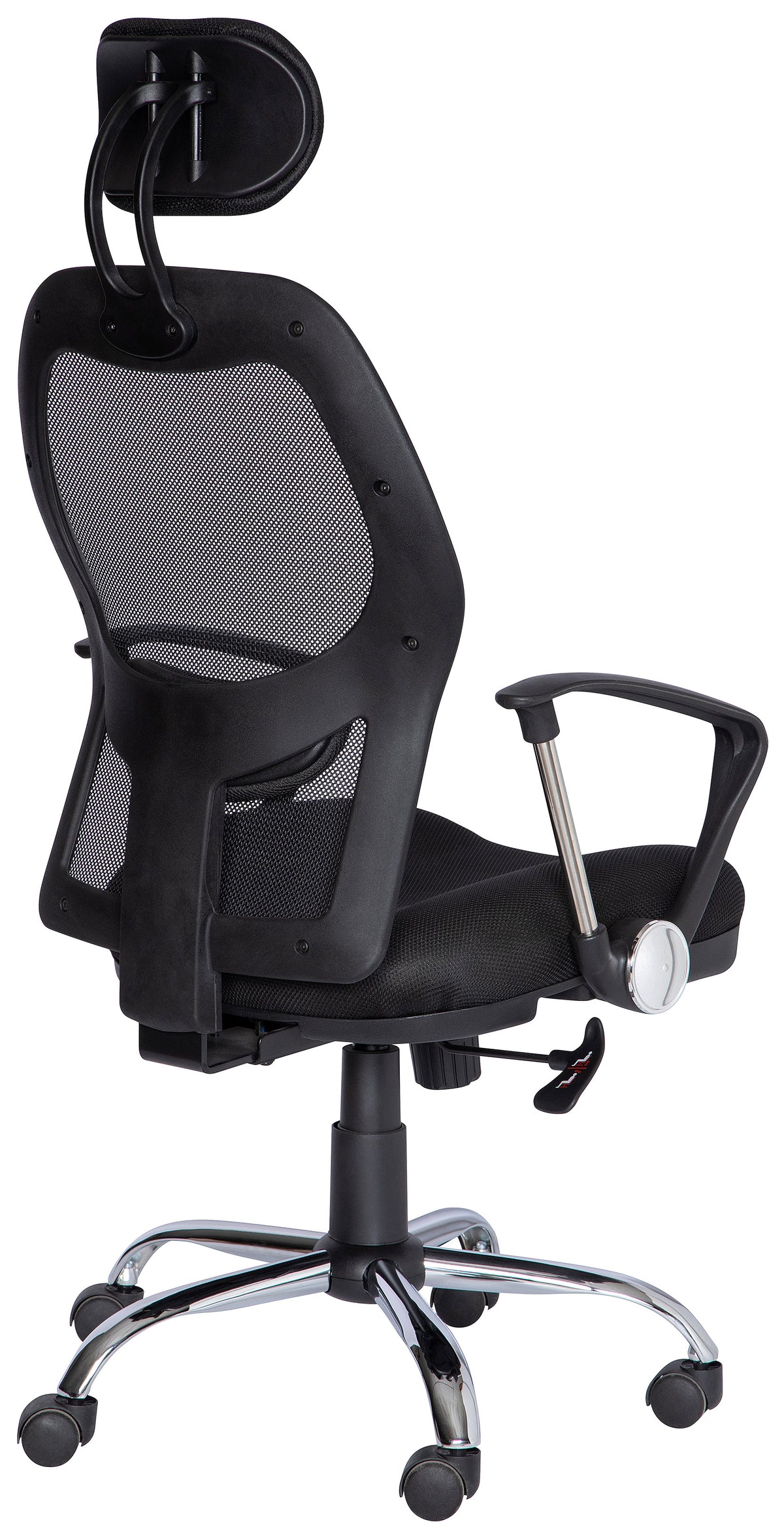 Silla ejecutiva M-75 con respaldo de malla, cabecera y base cromada, vista tres cuartos trasera