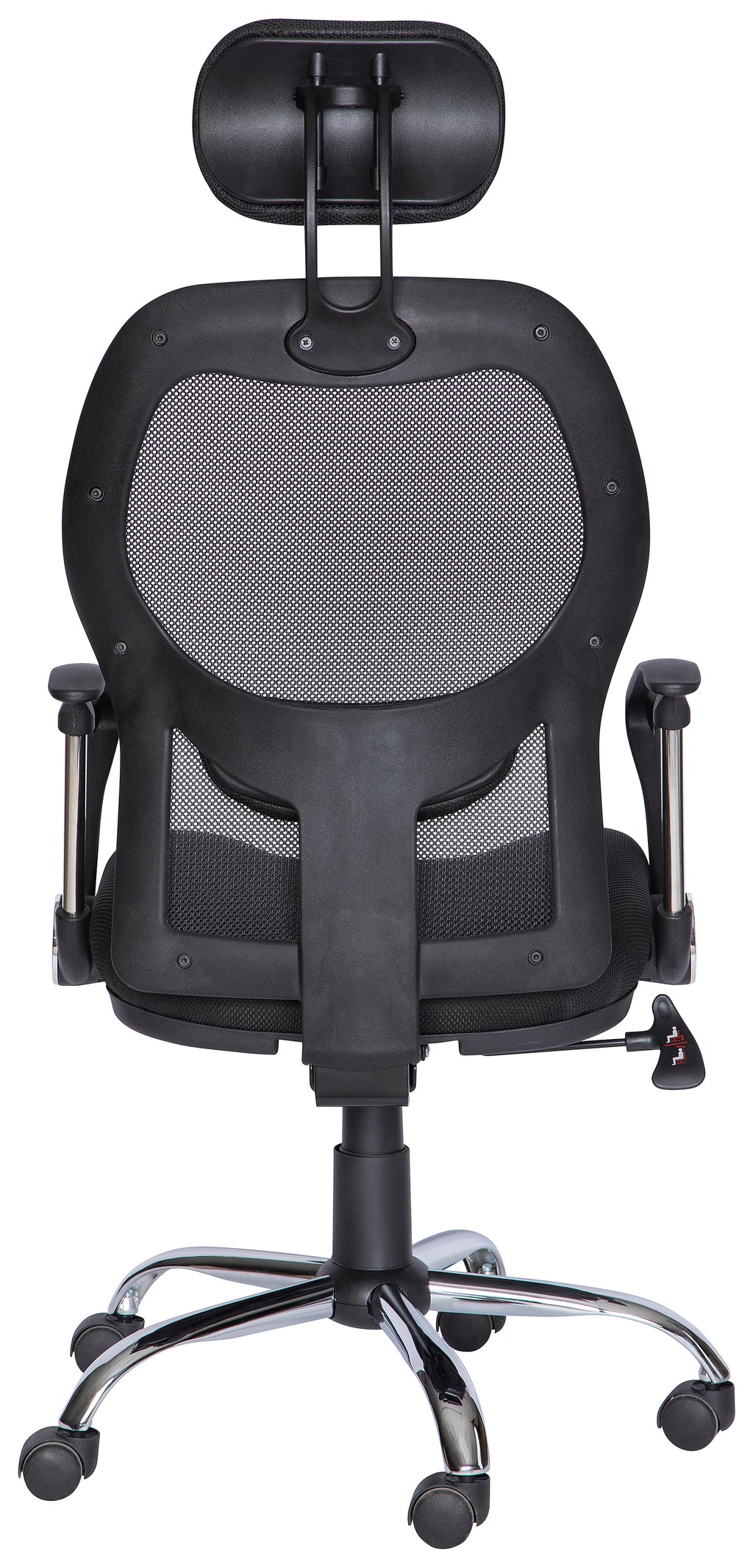 Silla ejecutiva M-75 con respaldo de malla, cabecera y base cromada, vista trasera