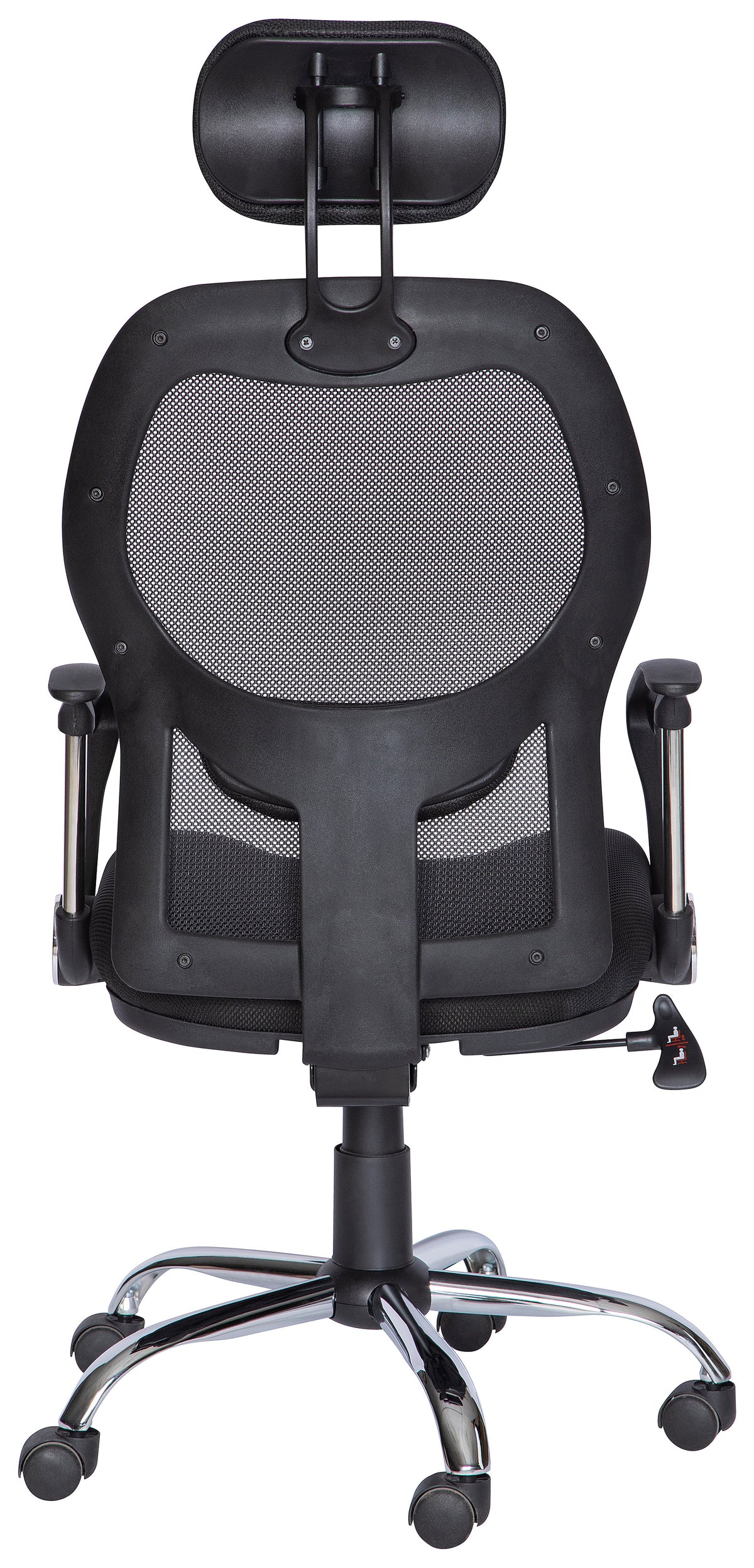Silla ejecutiva M-75 con respaldo de malla, cabecera y base cromada, vista trasera