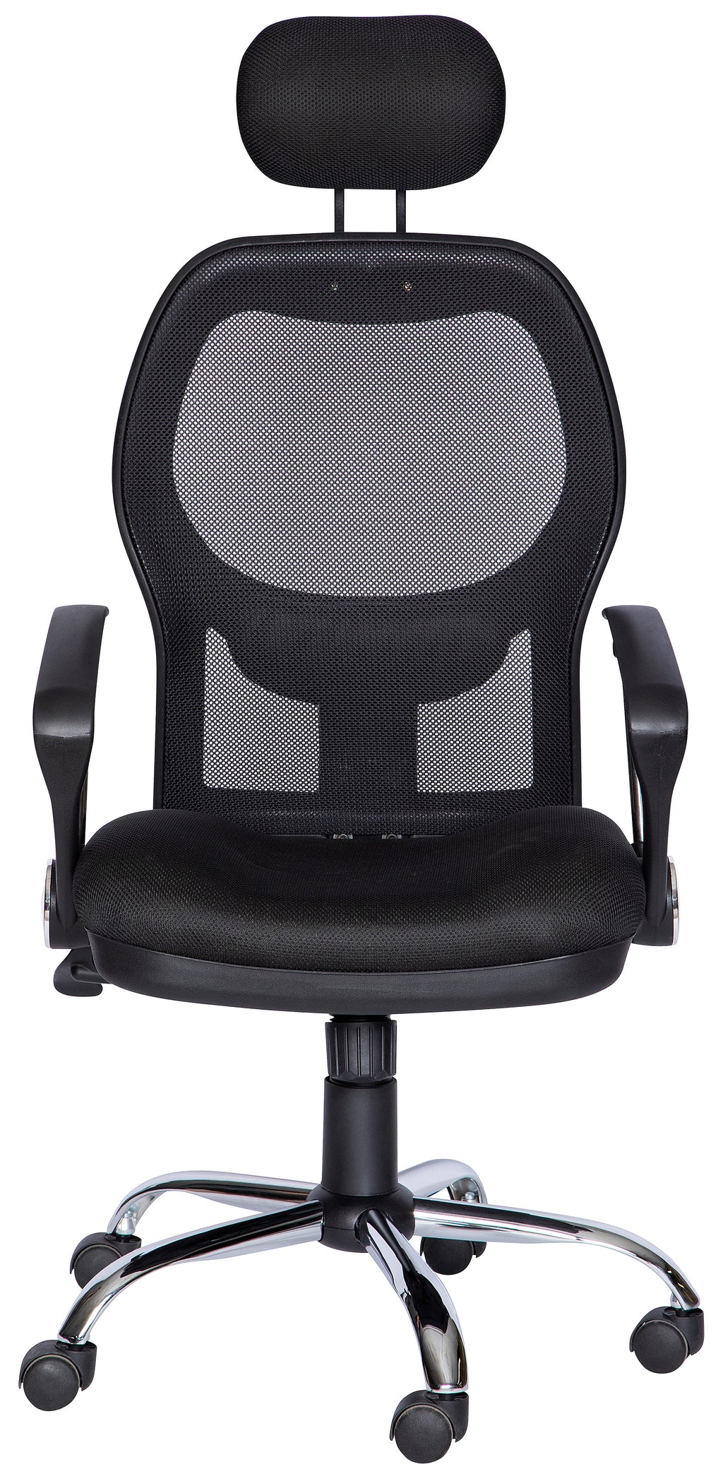 Silla ejecutiva M-75 con respaldo de malla, cabecera y base cromada, vista frontal