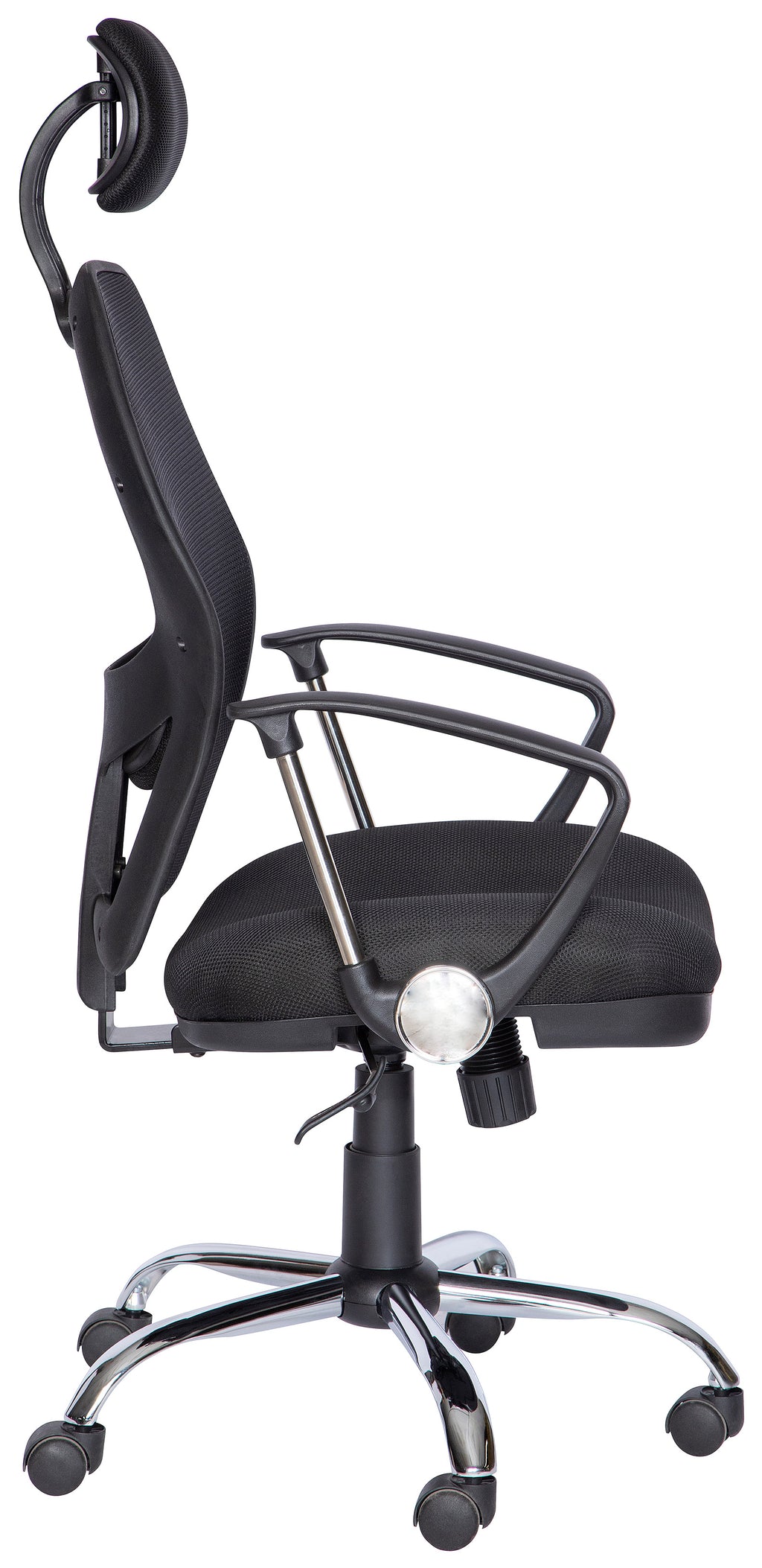 Silla ejecutiva M-75 con respaldo de malla, cabecera y base cromada, vista lateral