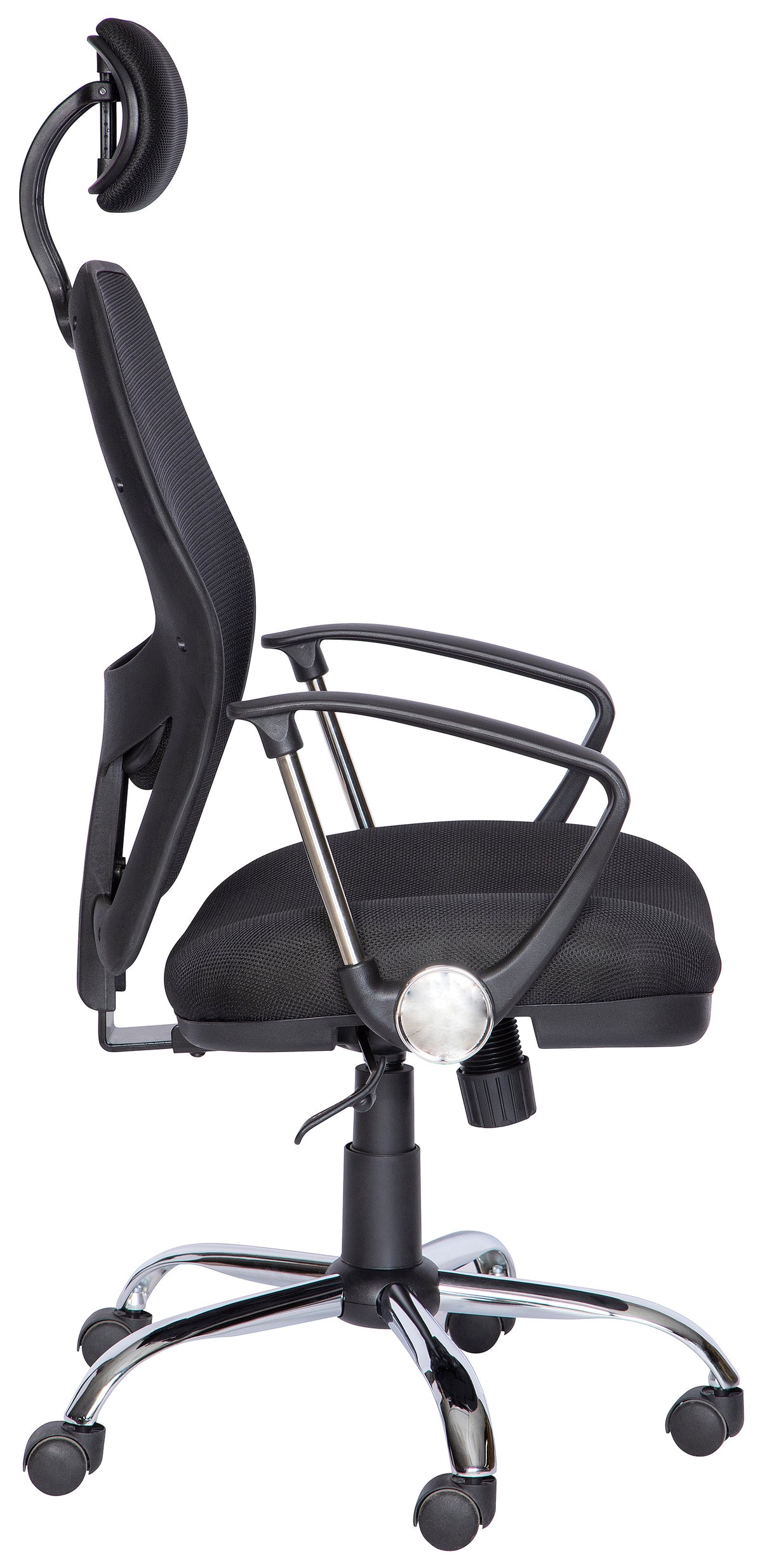 Silla ejecutiva M-75 con respaldo de malla, cabecera y base cromada, vista lateral